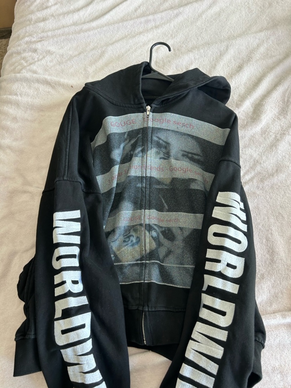 Black Zip-Up Graphic Hoodie with 'WORLDWIDE' Sleeve Text